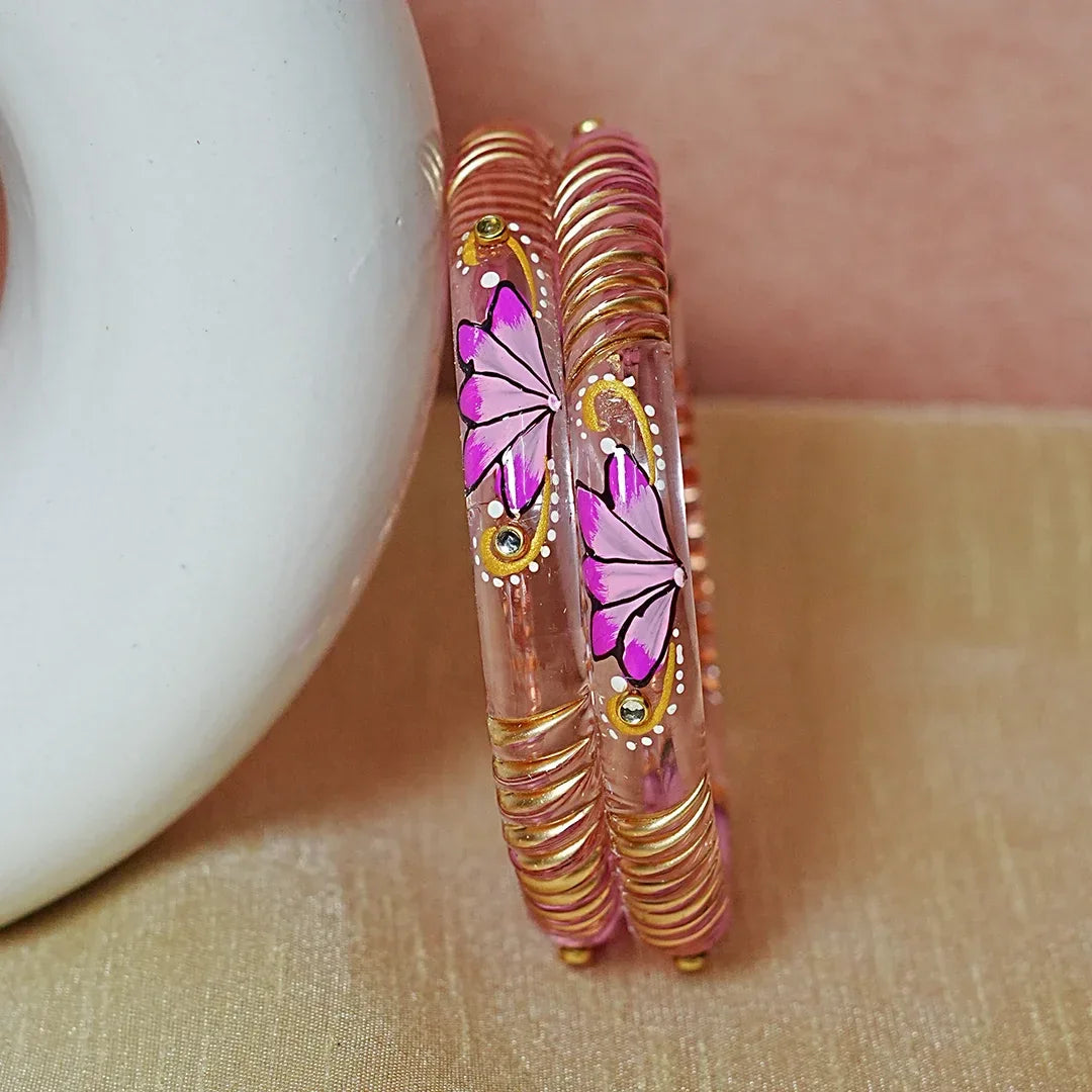 Handcrafted Lotus Printed Pattern Glass Kada for Women (Pack of 2) - The Golden Cascade